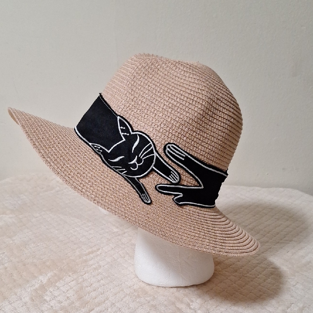 Tan Woven Hat with Black Cat Design